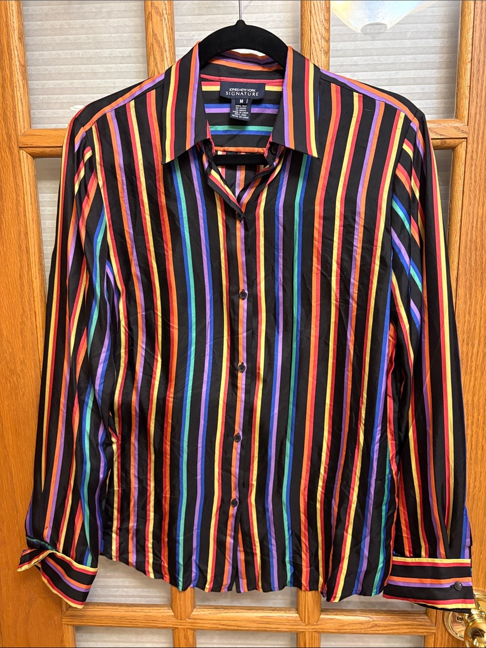 EUC Silk Jones New York Signature Black Multicolor Vertical Stripe Blouse